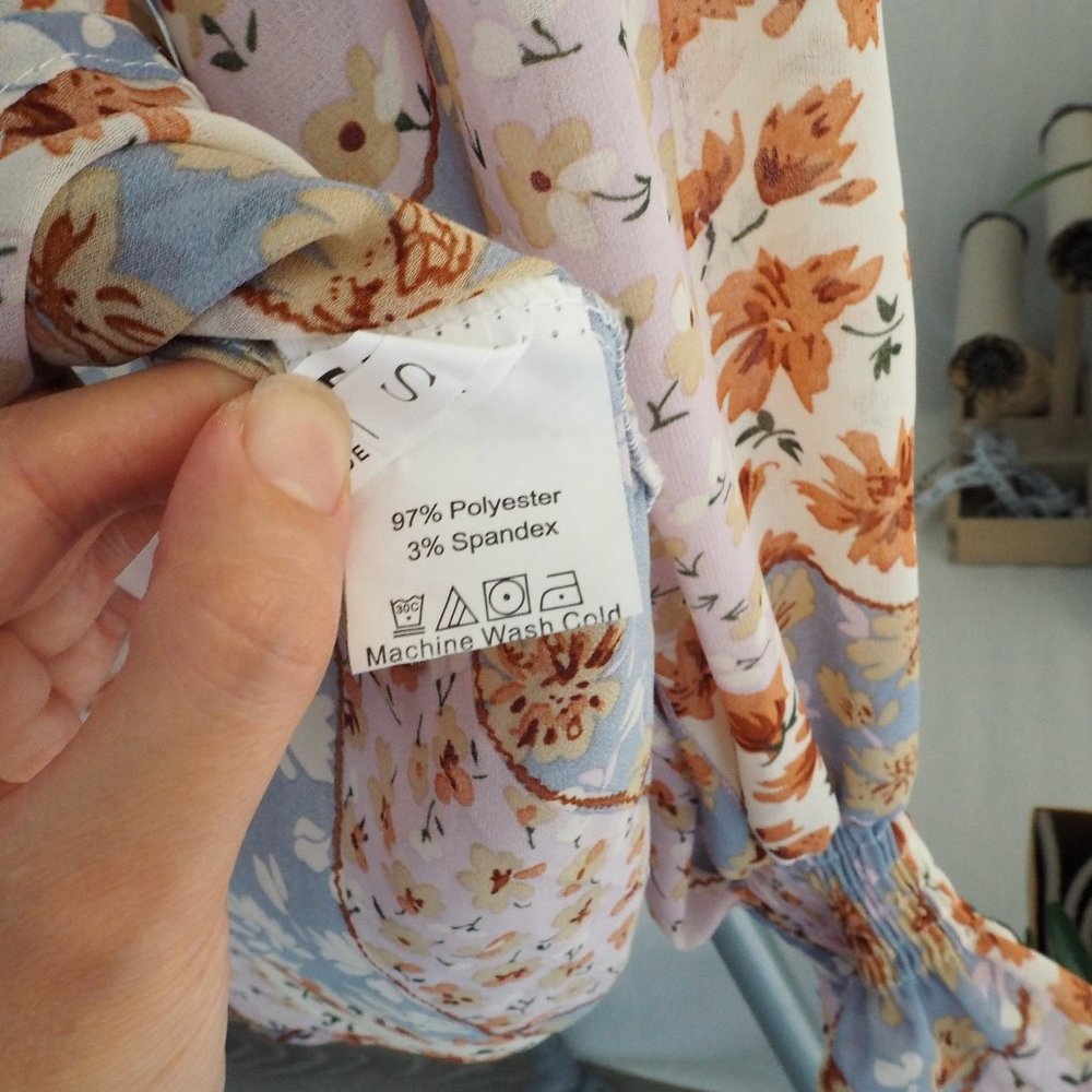 Mixed patchwork ditsy floral print tie neck blouse - Picture 6 of 8